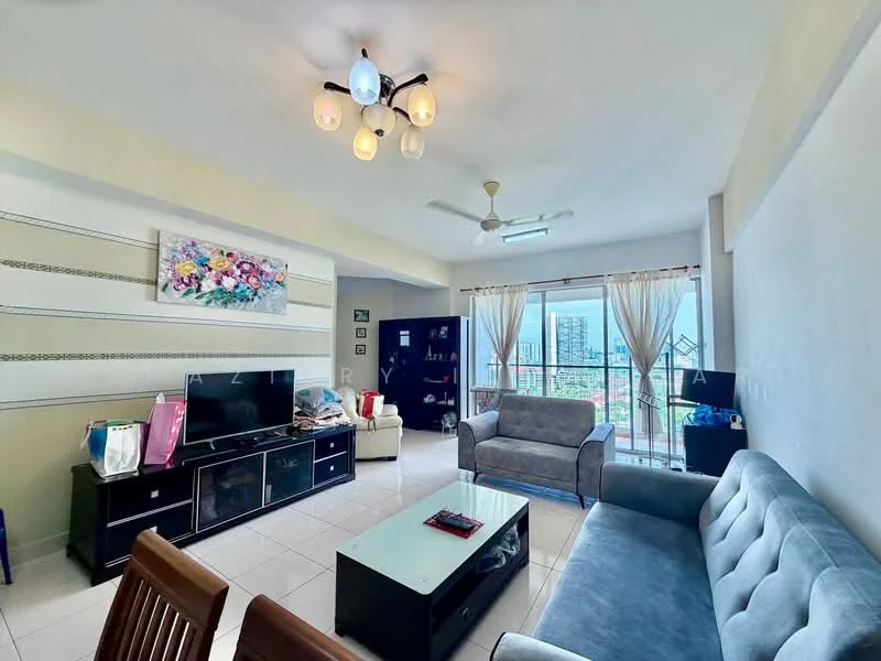 Living features: 3-seater fabric sofa in grey, 2-seater fabric sofa in light grey, coffee table, TV console, wall-mounted TV, ceiling fan with light, recessed downlights, floor-to-ceiling windows, sheer curtains, decorative artwork on wall, white painted walls, tile flooring; style: modern; view: city.