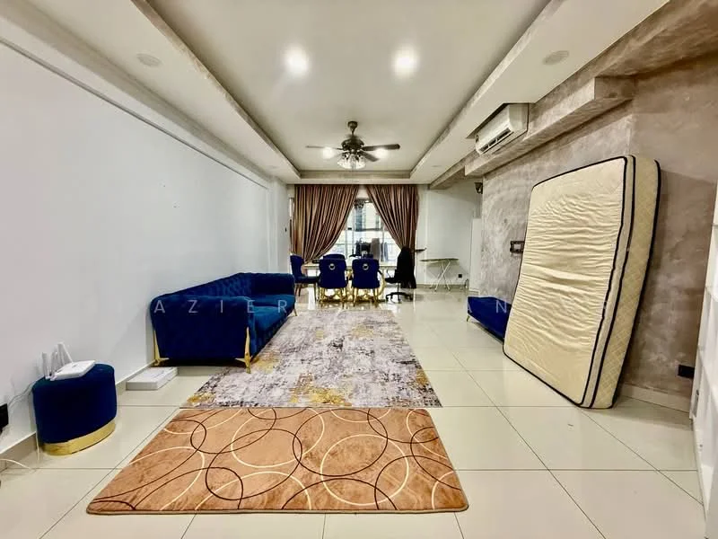 Living features: blue velvet sofa, 3-seater sofa, gold accent pillows, area rug with geometric pattern, cream tiled flooring, ceiling fan, curtains, large window, wall-mounted air conditioning unit, coffee table, dining table with blue chairs, decorative wall, mattress on the floor; style: modern.
