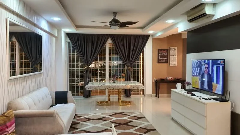 Living features: 3-seater fabric sofa in light grey, area rug with geometric pattern, wall-mounted TV, TV console in white, coffee table with glass top, floor-to-ceiling windows with sheer curtains, dark grey curtains, ceiling fan with light, recessed LED downlights, decorative wall paneling, accent wall in warm brown, decorative mirror; style: modern; view: city.