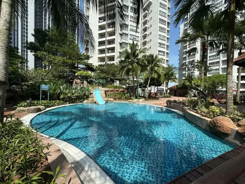 Exterior type: high-rise condominium; features: infinity pool, water slide, tropical landscaping, manicured garden, palm trees, rock formations, pool deck with loungers, surrounding greenery, blue mosaic tile pool, children's play area, outdoor dining pavilion; style: modern.