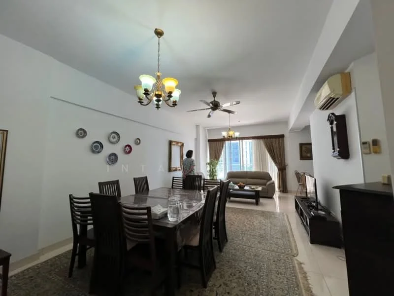 Dining features: dining table with 8 chairs, chandelier with multiple bulbs, decorative wall plates, cream painted walls, area rug with intricate pattern, wall-mounted mirror, recessed downlights, tile flooring; style: contemporary. Living features: 3-seater fabric sofa in beige, coffee table, TV console, wall-mounted TV, floor-to-ceiling windows, curtains, ceiling fan, air conditioning unit; style: contemporary.