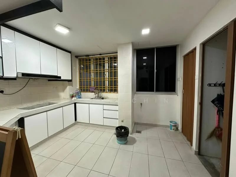 Kitchen features: white cabinetry, stainless-steel sink, chrome pull-down faucet, ceramic tile flooring, white tiled backsplash, built-in oven, freestanding range oven, window with yellow grille, floor-to-ceiling window, light fixtures, countertop space, open shelving, pantry area, door to utility area; style: modern.