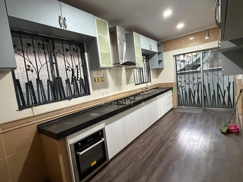 Kitchen features: black countertop, white cabinetry, stainless-steel built-in oven, 4-burner gas hob, exhaust hood, tile backsplash, wood laminate flooring, window with decorative iron grille, sliding glass door, wall-mounted storage shelves; style: modern.