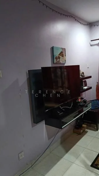 Living features: purple painted walls, ceramic tile flooring, wall-mounted TV, black TV console, floating shelves, decorative artwork, cable management, ambient lighting; style: modern.