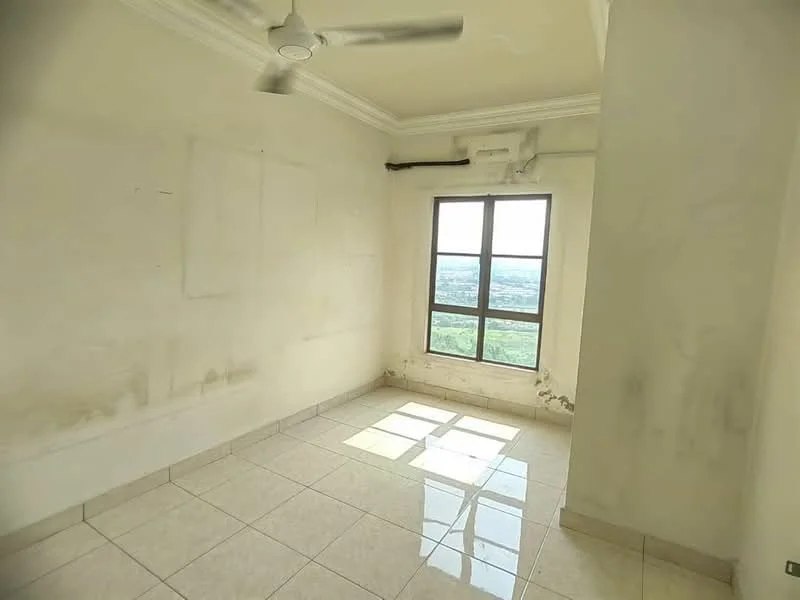 Room features: white painted walls, ceiling fan, floor-to-ceiling window, tile flooring, natural light from window, view of greenery outside, crown moulding; view: garden.
