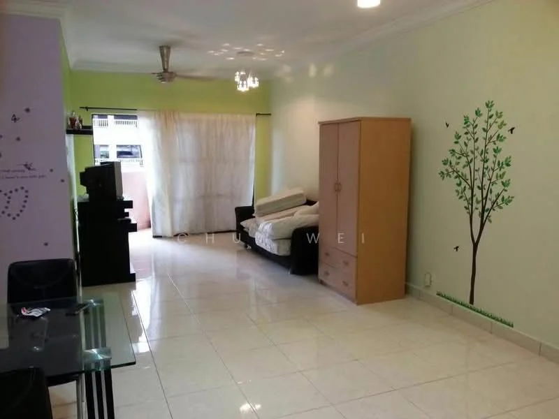 Living features: cream painted walls, green accent wall, white ceiling, 5-blade ceiling fan with light, recessed downlights, large window with sheer curtains, black fabric sofa, wooden wardrobe with multiple drawers, tile flooring, decorative wall decals, glass dining table with black chairs; style: modern.