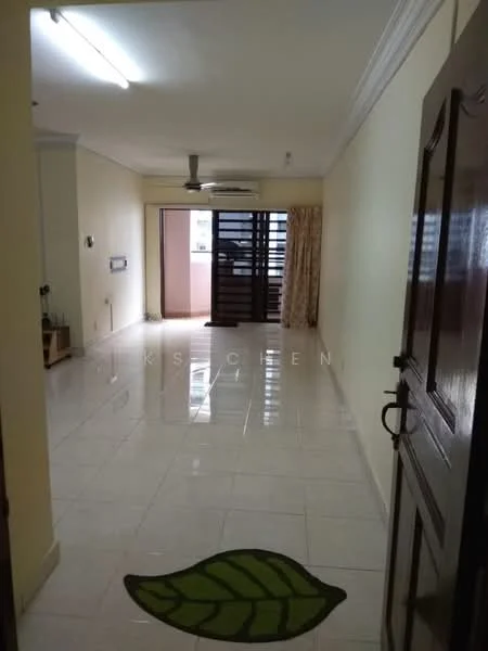 Room features: white painted walls, glossy ceramic tile flooring, ceiling with fluorescent lighting, sliding glass door, curtains, wall-mounted air conditioning unit, decorative area rug with leaf pattern, open layout, door leading to outside area; style: modern.