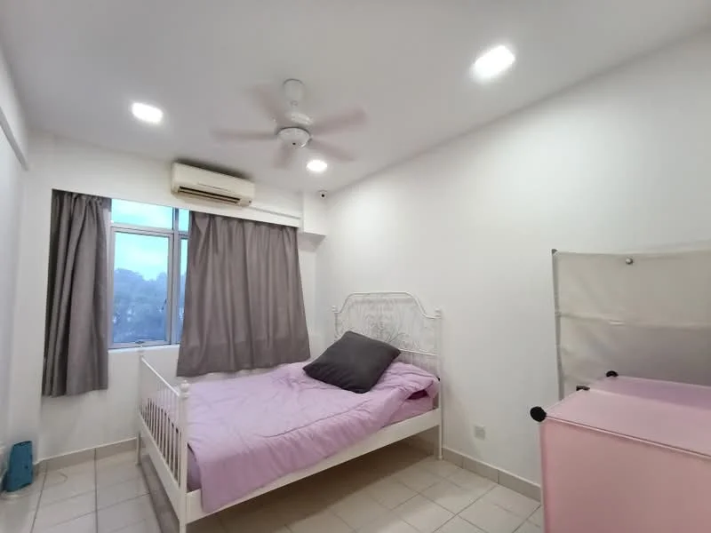 Bedroom features: single bed with white frame, light purple bedding, grey pillow, white painted walls, tile flooring, 5-blade ceiling fan, wall-mounted air conditioning unit, floor-to-ceiling windows, sheer curtains, dark grey curtains, decorative storage unit in pink; style: modern; view: garden.