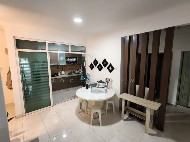 Dining features: round dining table, 4 dining chairs, white tabletop, light-colored flooring, recessed ceiling lights, decorative wall with diamond shapes, open layout to kitchen, wooden bench, sliding glass door, kitchen area visible in background; style: modern.