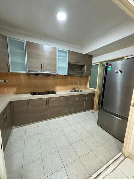 Kitchen features: brown wooden cabinetry, light blue glass upper cabinets, stainless-steel fridge, built-in gas hob, exhaust hood, ceramic tile flooring, beige tiled backsplash, single-bowl stainless-steel sink, countertop with storage, recessed ceiling light; style: modern.