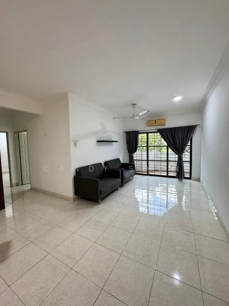 Living features: white painted walls, glossy ceramic tile flooring, 5-blade ceiling fan, recessed LED downlights, floor-to-ceiling windows, blackout curtains, 2-seater fabric sofa in black, TV console, air conditioning unit; style: modern; view: garden.