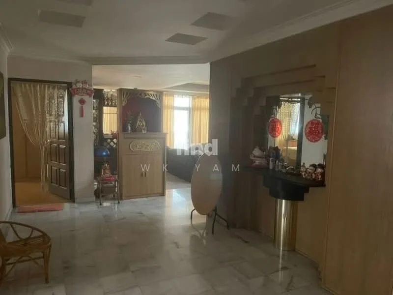 Room features: marble flooring, white painted walls, tray ceiling, decorative wall paneling, large windows with sheer curtains, wooden door, console table with decorative items, round mirror, wall-mounted decorations, open layout, natural light from windows; style: traditional; view: city.