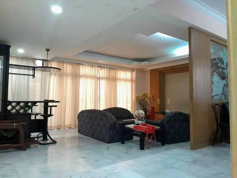 Living features: marble flooring, cream painted walls, tray ceiling, recessed downlights, large windows with sheer curtains, 2-seater fabric sofa in dark pattern, coffee table, decorative vase with flowers, wooden side table, wooden display cabinet, wall art, open layout to adjacent room; style: contemporary.