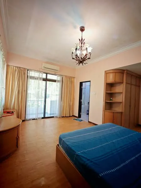 Bedroom features: wooden flooring, pink painted walls, 5-blade ceiling fan with light, chandelier, floor-to-ceiling windows, sliding glass door, curtains, built-in wardrobe, queen-size bed with blue bedding, decorative wall panel, door leading to bathroom.