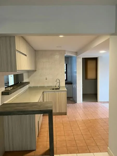Kitchen features: laminate cabinetry in light wood finish, grey countertop, single-bowl stainless-steel sink, chrome pull-down faucet, ceramic tile backsplash, built-in oven, freestanding range oven, tile flooring in terracotta color, recessed downlights, open layout to adjacent room; style: modern. Room features: tile flooring in terracotta color, neutral painted walls, doorway leading to another room.
