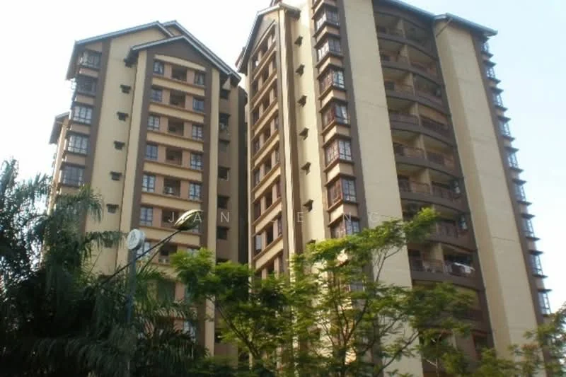 Exterior type: mid-rise condominium; features: cream painted facade, balconies with wooden railings, multiple storeys, large windows, landscaped greenery in foreground, street lamp visible, surrounded by trees; style: modern.