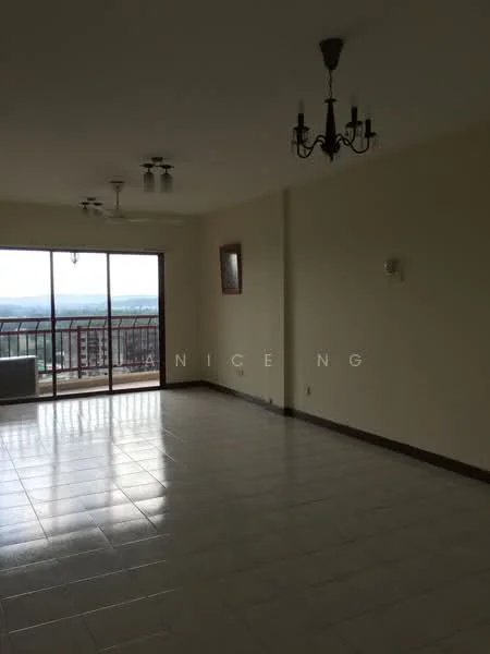 Living features: white painted walls, tile flooring, 5-blade ceiling fan, chandelier, large sliding glass door, floor-to-ceiling windows, balcony access, city view, neutral color scheme, decorative wall art, recessed lighting; style: modern; view: city.