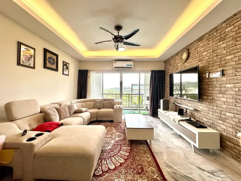 Living features: L-shape sectional sofa in beige, coffee table, wall-mounted TV, TV console, decorative wall clock, framed artwork, area rug with intricate pattern, ceiling fan with light, recessed lighting, sliding glass door, floor-to-ceiling windows, grey accent wall with stone cladding, curtains, marble tile flooring; style: modern; view: city.