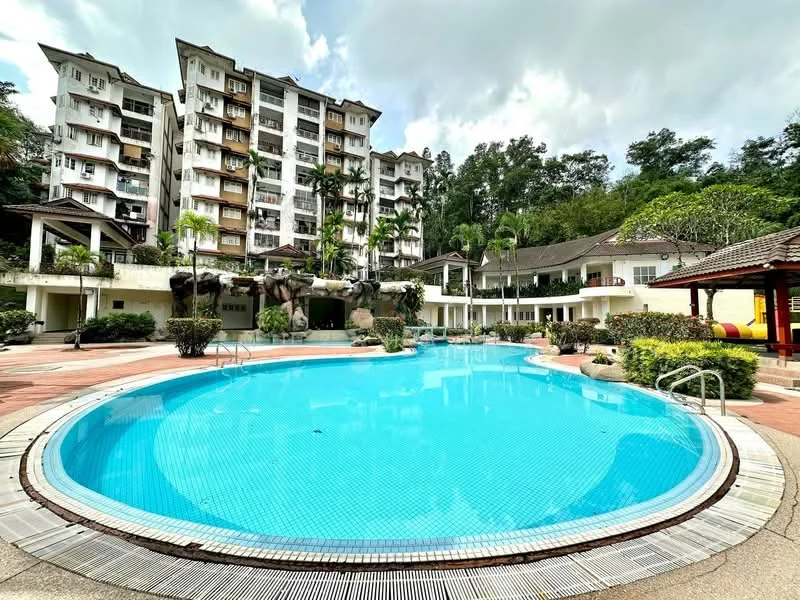 Exterior type: low-rise apartment block; features: swimming pool, pool deck with loungers, landscaped garden, mature trees, surrounding greenery, multiple storeys, balconies on upper floors, outdoor dining pavilion; style: modern.