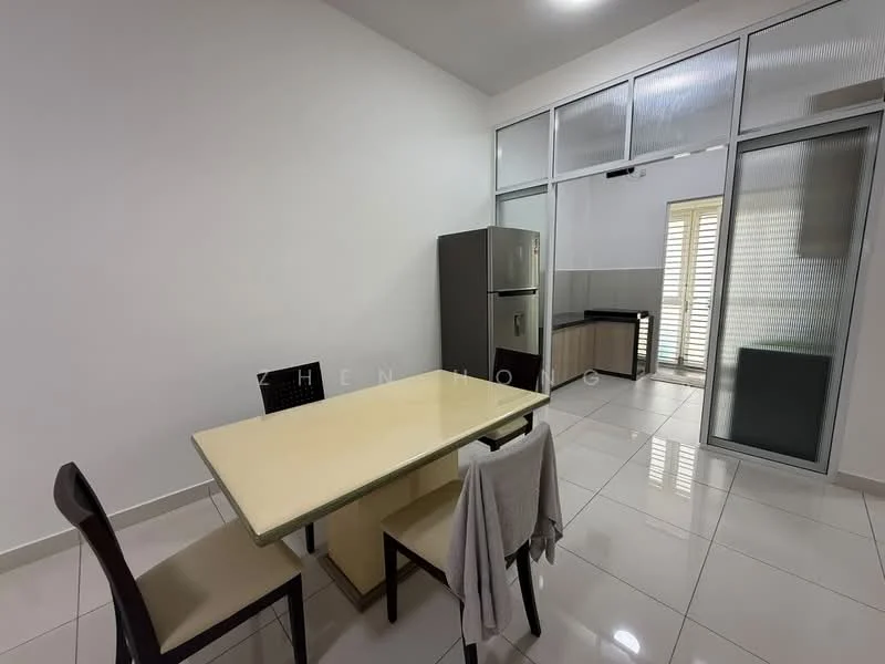 Kitchen features: white painted walls, glossy tile flooring, rectangular dining table with beige top, 4 dining chairs in dark wood, stainless-steel fridge, black countertop, glass sliding door, window with horizontal slats, built-in cabinetry, light fixtures on ceiling; style: modern.
