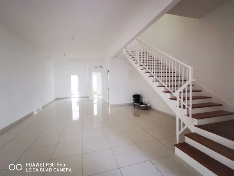 Room features: white painted walls, glossy ceramic tile flooring, staircase with wooden steps and white railing, large windows allowing natural light, high ceiling, open layout, minimalist design, no visible furniture; style: modern.