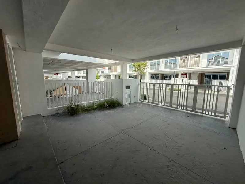 Exterior type: linked terrace house; features: concrete flooring, white painted walls, fenced area, open-air layout, manicured landscaping, visible parking space, multiple windows, front porch area; style: modern.