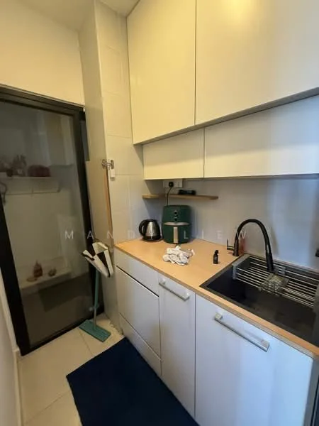 Kitchen features: white cabinetry, wood countertop, single-bowl stainless-steel sink, chrome pull-down faucet, built-in shelf, black kettle, dish rack, recessed lighting, tile backsplash, sliding glass door to shower area, blue mat flooring; style: modern.