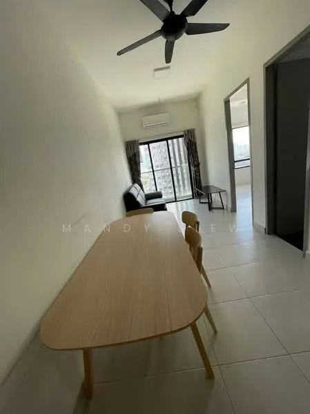 Living features: 3-seater fabric sofa in black, dining table with light wood finish, 4 wooden dining chairs, floor-to-ceiling windows, sliding glass door, white painted walls, tile flooring, ceiling fan with 5 blades, air conditioning unit, curtains, decorative wall art; style: modern; view: city.