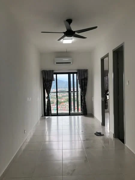 Living features: white painted walls, tile flooring, 5-blade ceiling fan with integrated LED light, floor-to-ceiling sliding glass door, blackout curtains, air conditioning unit, view of city skyline, neutral decor; style: modern; view: city.