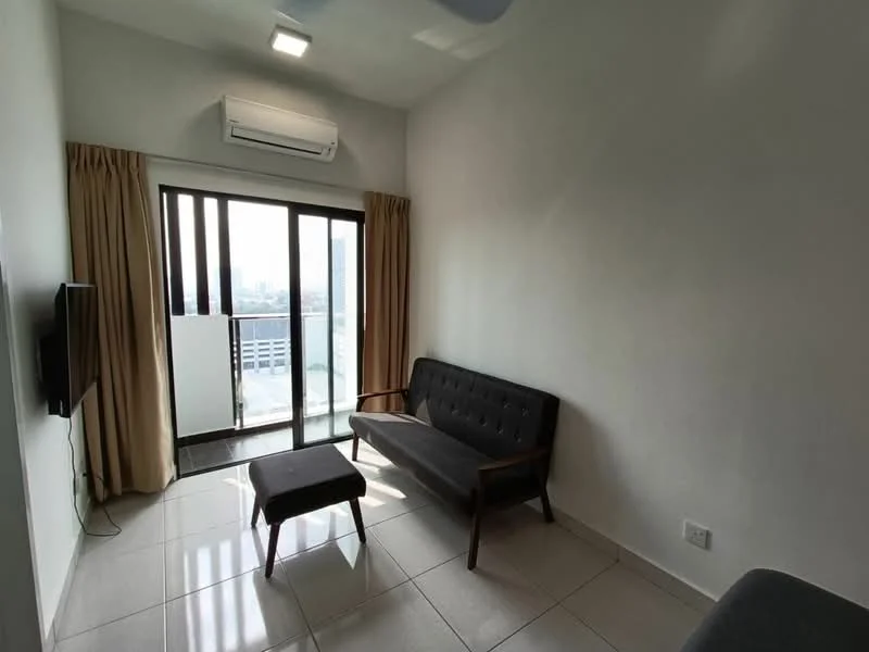 Living features: floor-to-ceiling windows, sliding glass door, cream painted walls, white ceiling, recessed downlights, 3-seater fabric sofa in dark grey, wooden coffee table, wall-mounted TV, air conditioning unit, curtains, glossy tile flooring; style: modern; view: city.
