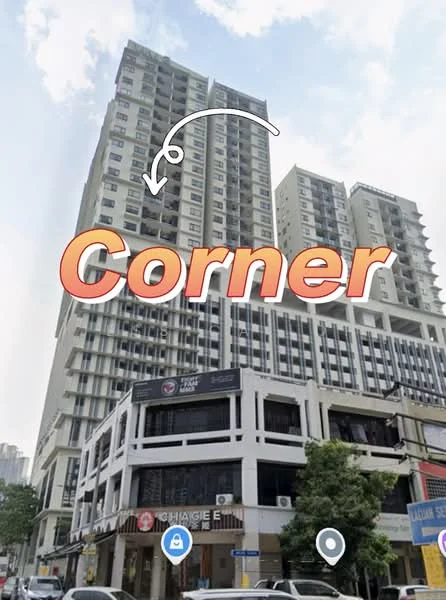 Exterior type: high-rise condominium; features: glass curtain wall, white painted facade, recessed balconies, multiple storeys, commercial space at ground level, signage visible on building, surrounded by urban landscape; style: modern.