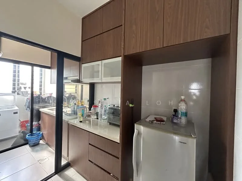 Kitchen features: brown wooden cabinetry, granite countertop, stainless-steel fridge, built-in sink, glass-front upper cabinets, ceramic tile flooring, window with grid pattern, open shelving, appliances on countertop, laundry area visible in background; style: modern.