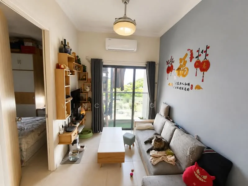Living features: 3-seater fabric sofa in grey, wooden coffee table, wall-mounted shelves with decorative items, floor-to-ceiling sliding glass door, air conditioning unit, decorative wall art with Chinese characters, light fixture on ceiling, tile flooring, houseplants in ceramic pots, cat on sofa; style: modern; view: garden. Room features: built-in wardrobe, bed visible in adjacent room.