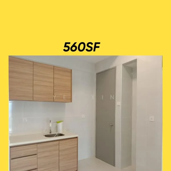 Kitchen features: light wood cabinetry, white countertop, single-bowl stainless-steel sink, chrome pull-down faucet, white tiled walls, light-colored tiled flooring, built-in cabinets, door leading to another room; style: modern.