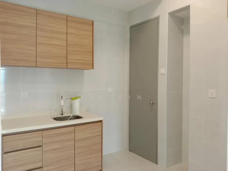 Kitchen features: laminate cabinetry in light wood finish, white solid surface countertop, single-bowl stainless-steel sink, chrome pull-down faucet, white tiled walls, light-colored ceramic tile flooring, built-in storage cabinets, door leading to adjacent room; style: modern.