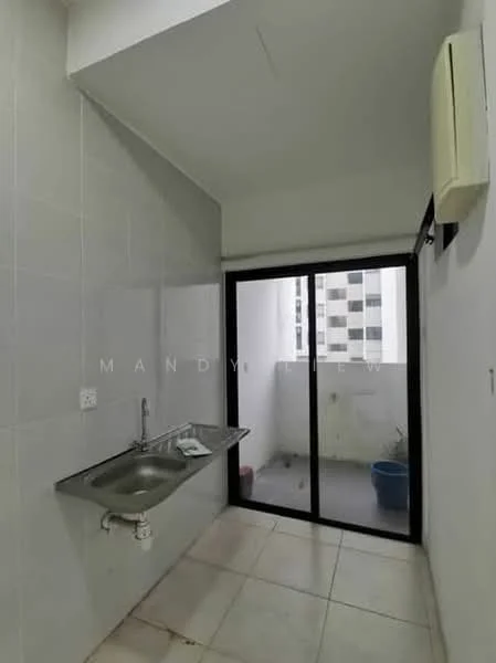 Kitchen features: single-bowl stainless-steel sink, chrome faucet, grey tiled walls, white painted walls, ceramic tile flooring, floor-to-ceiling sliding glass door, window with view to balcony, wall-mounted split AC; style: modern.