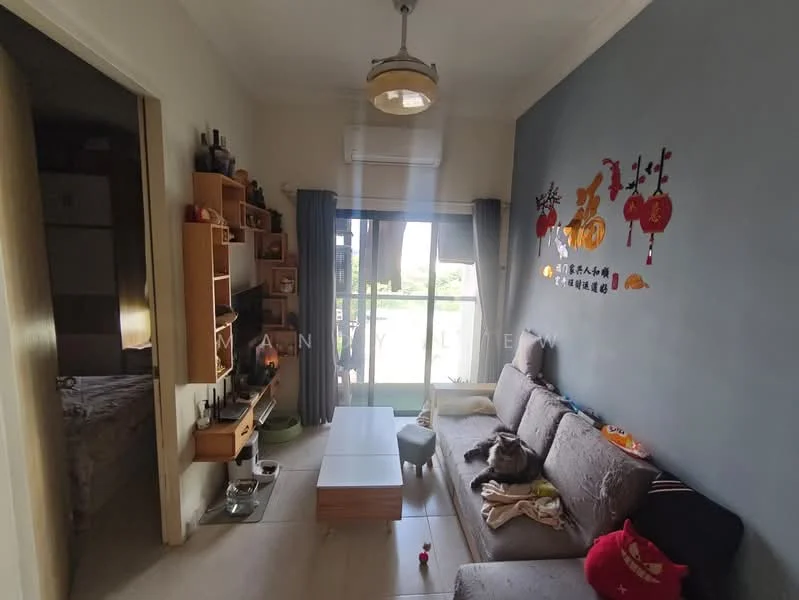Living features: grey fabric sofa, wood coffee table, wall-mounted shelves, decorative wall art, floor-to-ceiling windows, curtains, light fixture with shade, tile flooring; style: modern. Room features: bed visible in background, doorway leading to another room.