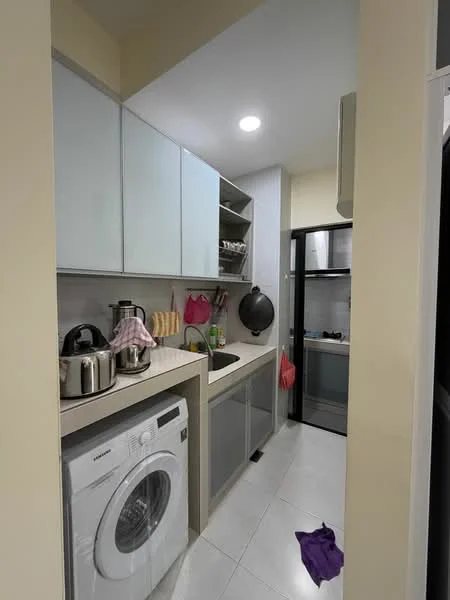 Kitchen features: white cabinetry, grey countertop, stainless-steel sink, chrome pull-down faucet, built-in oven, freestanding fridge, washing machine, open shelving, tile flooring, recessed downlights; style: modern.