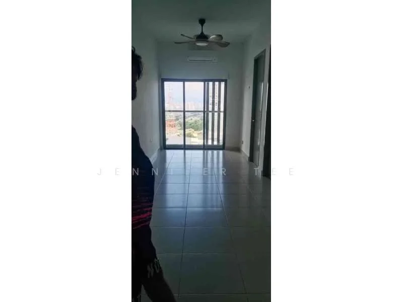 Room features: white painted walls, glossy tile flooring, 5-blade ceiling fan, floor-to-ceiling windows, sliding glass door, city view; view: city.