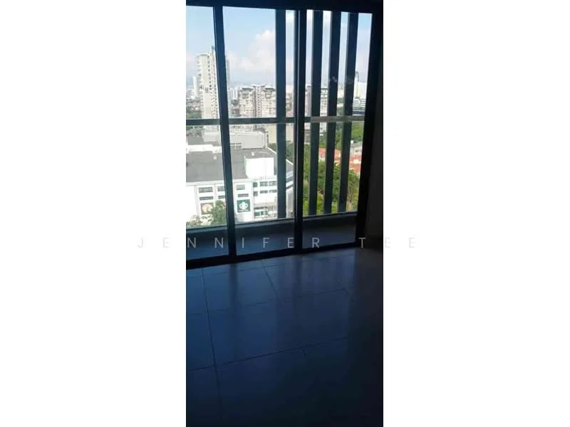 Room features: floor-to-ceiling windows, city view, light-colored tile flooring, neutral wall color, natural light from windows; view: city.
