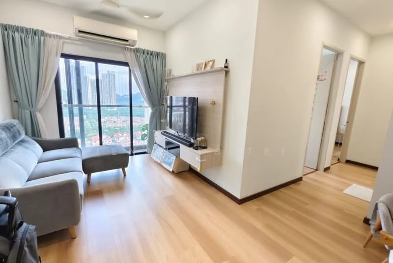 Living features: grey fabric 3-seater sofa, wooden flooring, floor-to-ceiling windows, curtains in light blue, wall-mounted TV, TV console, decorative wall shelf, air conditioning unit, light-colored walls, recessed downlights; style: modern; view: city. Room features: wooden flooring, light-colored walls, doorway leading to hallway.