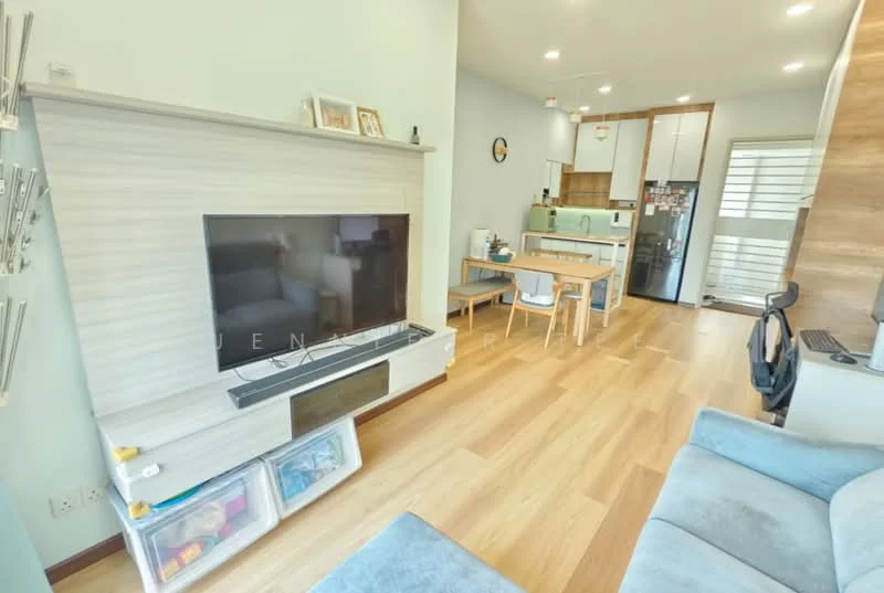 Living features: light wood flooring, white painted walls, wall-mounted TV, TV console with storage, sofa in light blue fabric, coffee table, decorative wall shelf, recessed downlights, large window with natural light, open layout to dining area; style: modern. Dining features: wood dining table for four, white dining chairs, kitchenette area visible, wall clock, open shelving above table; style: modern.
