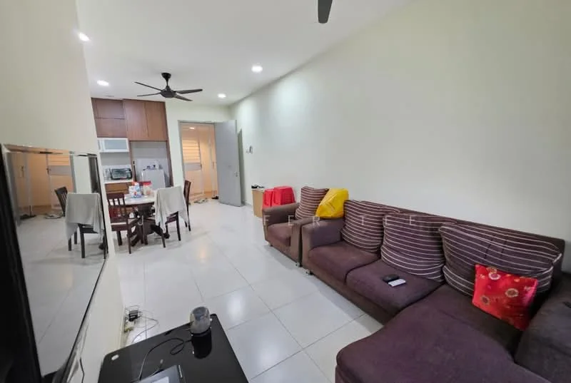 Living features: 3-seater fabric sofa in brown, accent pillows in yellow and red, coffee table, wall-mounted mirror, ceiling fan, recessed downlights, white painted walls, ceramic tile flooring; style: modern. Dining features: 4-seater dining table, wooden dining chairs, kitchen area visible in background, microwave on countertop; style: modern.