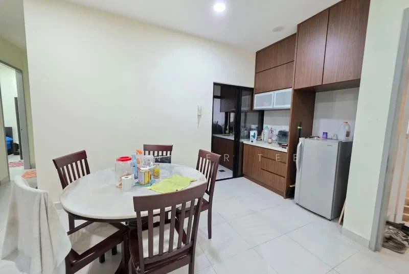 Kitchen features: round dining table with 6 chairs, white walls, grey tiled flooring, wood cabinetry, black countertop, stainless-steel fridge, built-in oven, microwave, sink, kitchen cabinets with glass doors, window with view, recessed lighting; style: modern.