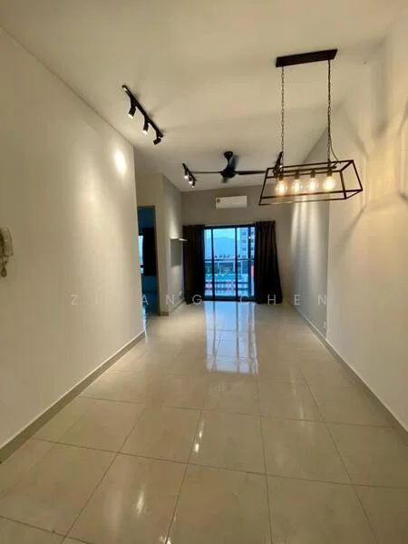 Living features: white painted walls, glossy ceramic tile flooring, 5-blade ceiling fan with light, track lighting, hanging pendant light with multiple bulbs, floor-to-ceiling windows, blackout curtains, open layout, city view; style: modern; view: city.