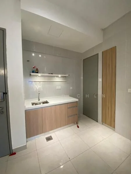 Kitchen features: white tiled walls, light grey tiled flooring, wood cabinetry with light finish, single-bowl stainless-steel sink, chrome pull-down faucet, wall-mounted shelf, recessed LED downlights, built-in cabinetry, kitchen countertop, grey accent wall; style: modern.