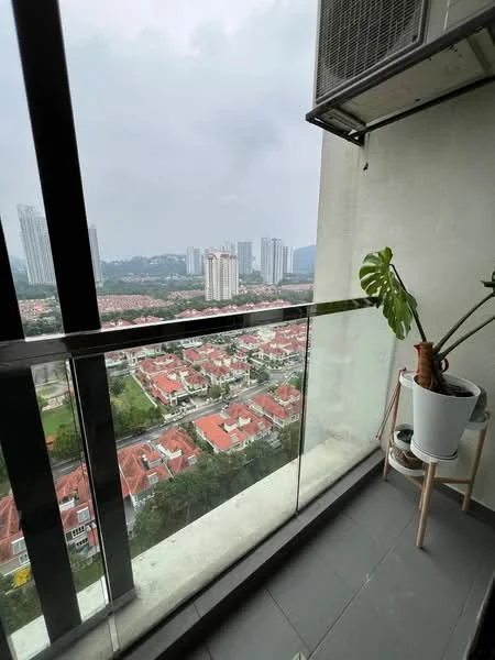 Room features: glass balcony railing, grey tiled flooring, potted plant, outdoor chair, city skyline view, high-rise buildings in background, residential area view; style: modern; view: city.