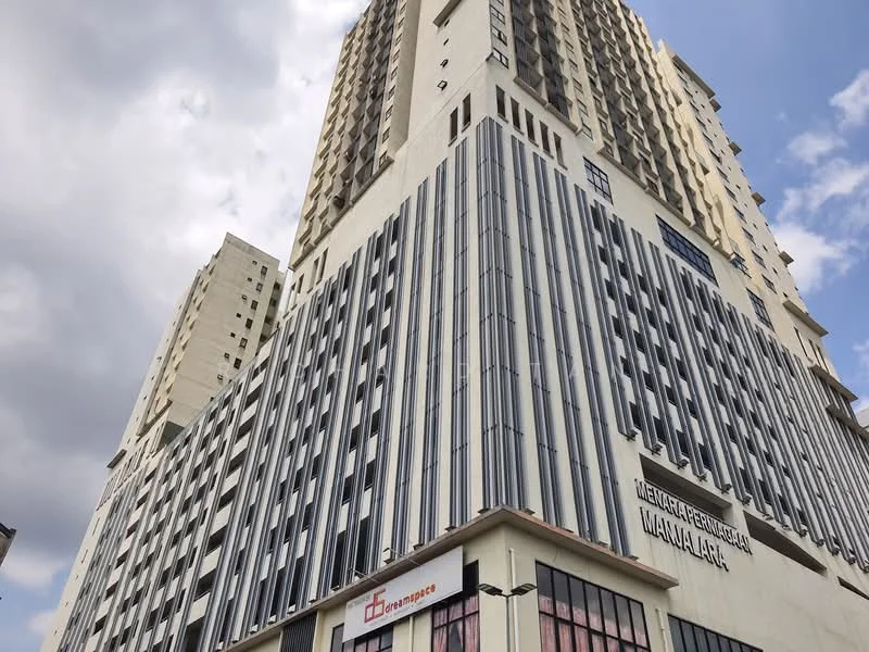 Exterior type: high-rise condominium; features: glass curtain wall, white painted facade, vertical fins, projecting balconies, approximately 20-storey high-rise, signage at ground level; style: modern.