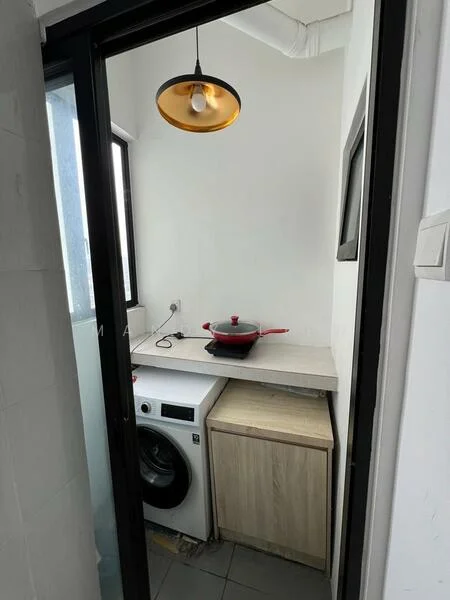 Laundry features: front-load washing machine, wood cabinetry, white countertop, grey tiled flooring, single pendant light, window with natural light, wall-mounted electrical outlet, cooking pot on countertop; style: modern.
