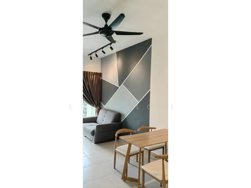 Living features: 3-seater fabric sofa in grey, ceiling fan, wall with geometric pattern in black and white, tile flooring, curtains in brown, dining table with wooden chairs, track lighting, decorative wall design; style: modern.